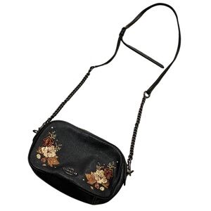 Coach Isla Tattoo Chain Black Mini Crossbody Leather Bag with Floral Embroidery